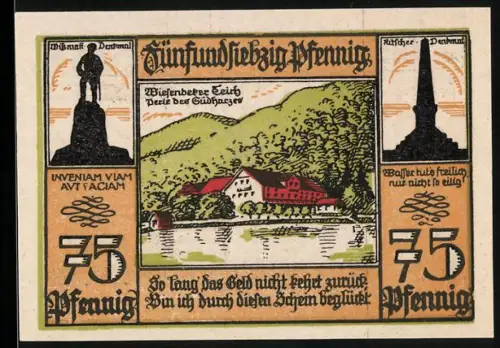 Notgeld Bad Lauterberg im Harz 1921, 75 Pfennig, Landschaft und Denkmäler mit Wappen und Sprüchen