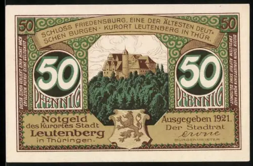 Notgeld Leutenberg in Thüringen 1921, 50 Pfennig, Schloss Friedensburg und Thüringer Köstlichkeiten