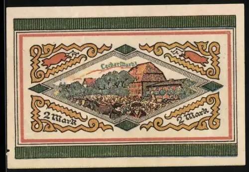 Notgeld Leck, 2 Mark, Ortsansicht mit Gehöft und Tieren, verzierte Muster