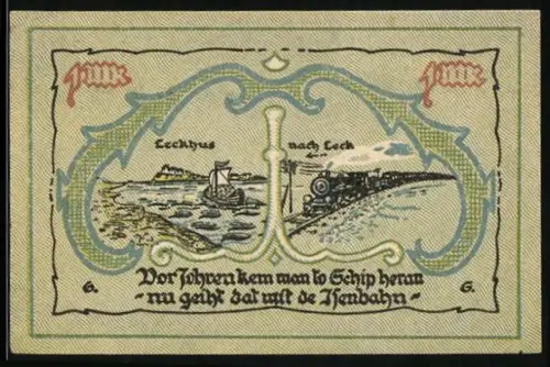 Notgeld Leck, 1 Mark, Segelschiff und Eisenbahn, friesischer Text