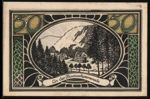 Notgeld Lautenthal i. Harz 1921, 50 Pfennig, Landschaft an der Bismarckpromenade und Bergmannsmotive
