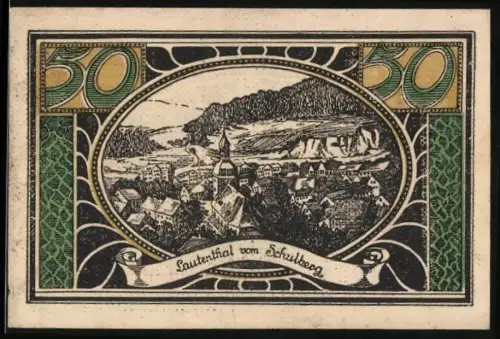 Notgeld Lautenthal i. Harz 1921, 50 Pfennig, Ortsansicht und Bergleute im Harz, mit Wappen