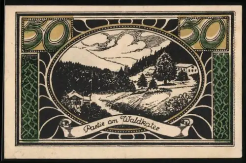 Notgeld Lautenthal i. Harz 1921, 50 Pfennig, Landschaftsszene am Waldkater und Bergbausymbole mit Wappen
