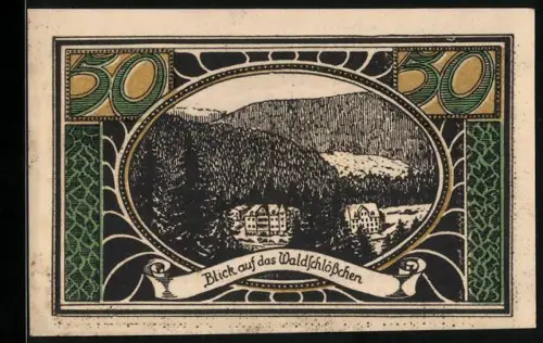 Notgeld Lautenthal i. Harz 1921, 50 Pfennig, Blick auf das Waldschlösschen und Bergmannsmotive
