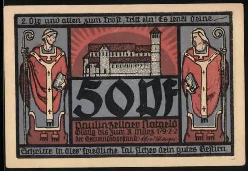 Notgeld Paulinzella 1922, 50 Pf, Kloster mit Mönchen und Torbogenmotiv
