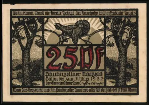 Notgeld Paulinzella 1922, 25 Pf, Eichhörnchen und Landschaft mit Ortsansicht