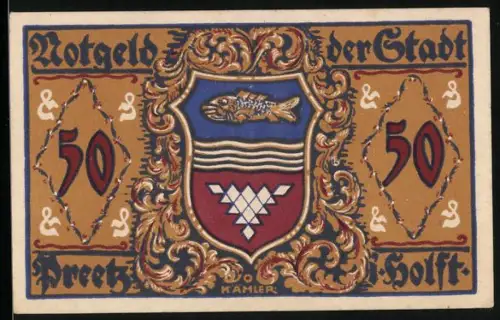 Notgeld Preetz i. Holst. 1921, 50 Pf., Wappen mit Fisch und zwei Figuren in verzierter Rahmung