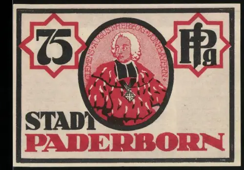 Notgeld Paderborn 1921, 75 Pfennig, Porträt und Statue mit Dreizack