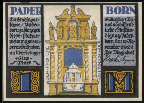 Notgeld Paderborn 1921, 1 Mark, Hochaltar und Porträt eines Geistlichen