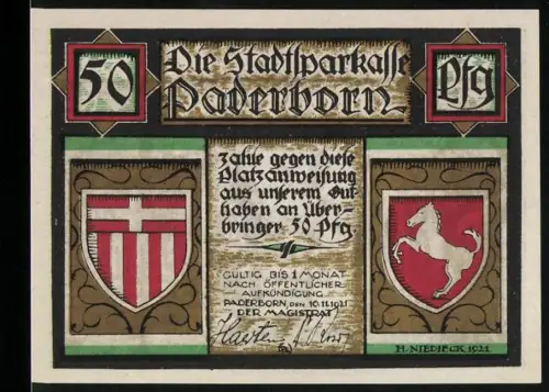 Notgeld Paderborn 1921, 50 Pf, Stadtwappen und Empfang von Papst Leo III. durch Kaiser Karl d. Gr