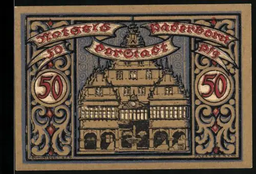 Notgeld Paderborn 1920, 50 Pfennig, Rathaus und Wappen von Paderborn