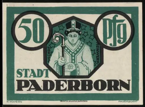 Notgeld Paderborn 1921, 50 Pfennig, Bischofsmotiv und Domzeichnung