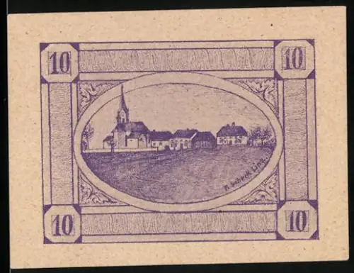 Notgeld Herzogsdorf 1920, 10 Heller, Dorflandschaft mit Kirche und Häusern