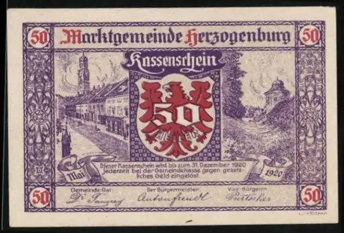 Notgeld Herzogenburg 1920, 50 Heller, Ortsansicht mit Wappen und Gebäuden in lila Rahmen