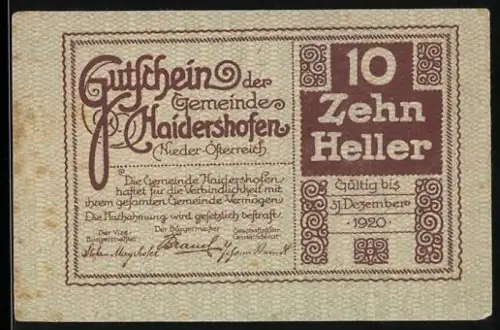 Notgeld Haidershofen /N.-Ö. 1920, 10 Heller, Gebäude mit Bäumen im Ovalrahmen