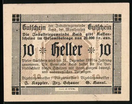 Notgeld Mauthausen 1920, 10 Heller, Textgestaltung mit Zierlinien und dekorativen Elementen