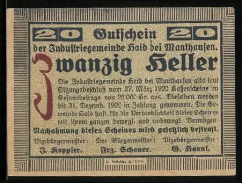 Notgeld Mauthausen 1920, 20 Heller, Gebäudeabbildung
