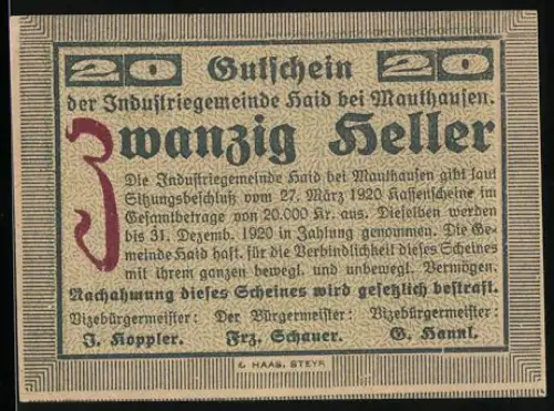 Notgeld Mauthausen 1920, 20 Heller, Textgestaltung mit Wertangabe und Rahmen