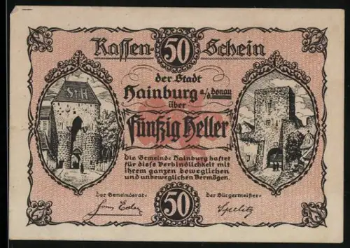 Notgeld Hainburg a.d. Donau, 50 Heller, Burgtor und Ortsansicht
