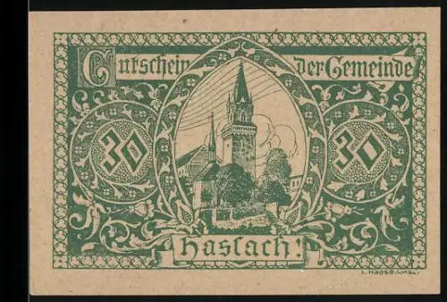 Notgeld Haslach 1920, 30 Heller, Kirche und Landschaftsmotiv