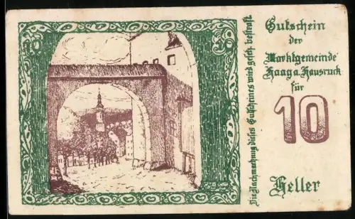 Notgeld Haag a. Hausruck 1920, 10 Heller, Stadttor mit Kirchturm und Wappen