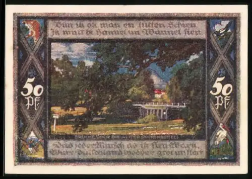 Notgeld Poppenbüttel 1921, 50 Pf, Brücke und Landschaft mit Wappen