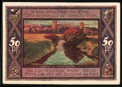 Notgeld Poppenbüttel 1921, 50 Pf, Landschaftsansicht mit Fluss und Wappen