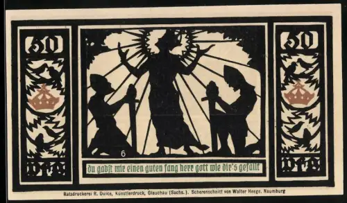 Notgeld Quedlinburg 1921, 50 Pfennig, Silhouette mit Burg und Spruchband mit Figurengruppe im Strahlenkranz