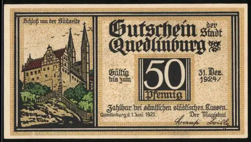Notgeld Quedlinburg 1921, 50 Pfennig, Schloss und Klopstock-Denkmal