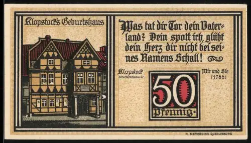 Notgeld Quedlinburg 1921, 50 Pfennig, Klopstocks Geburtshaus und Statue mit Fackel