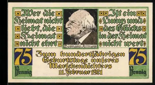 Notgeld Stotel 1921, 75 Pfennig, Porträt von Hermann Allmers, Schloss und Reiter auf Burg