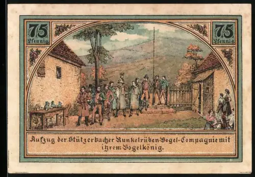 Notgeld Stützerbach /W.A. 1921, 75 Pfennig, Auszug der Munkelrüben-Vogel-Compagnie und Landschaftsmotive