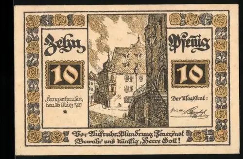 Notgeld Sangerhausen 1921, 10 Pfennig, Ortsansicht und Rosenmotiv mit Wappen der Rosenstadt