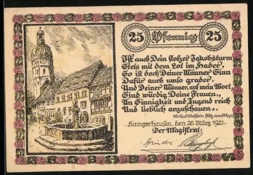 Notgeld Sangerhausen 1921, 25 Pfennig, Jakobssturm und Rosenmotive