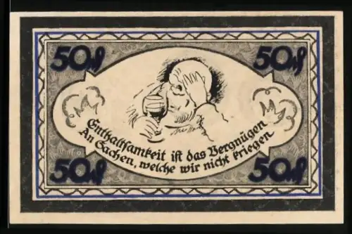 Notgeld Stolzenau /Weser, 50 Pf, Wilhelm Busch Denkmal und Trinker mit Weinglas