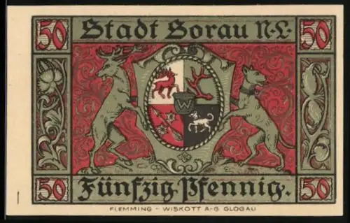 Notgeld Sorau /N.L. 1921, 50 Pfennig, Wappen mit Hirsch und Hund, Stadtgebäude Darstellung