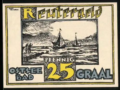 Notgeld Graal 1922, 25 Pfennig, Segelschiffe und Windmühle mit Kuhmotiv