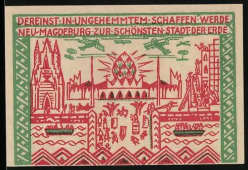 Notgeld Magdeburg 1921, 50 Pfennig, Ortsansicht mit Kathedrale und Reiterstatue von Otto I