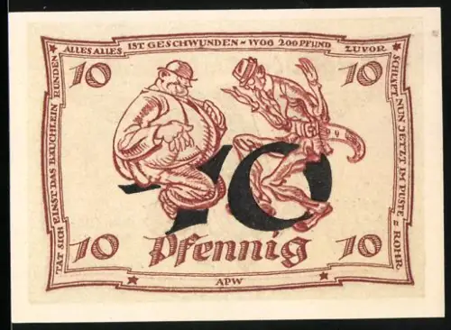 Notgeld Arnstadt 1921, 10 Pfennig, dicke und dünne Männer, Adler und Wellenmuster