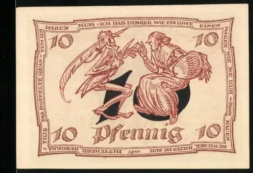 Notgeld Arnstadt 1921, 10 Pfennig, Motiv mit Frau und Skelettfigur, Adlerwappen
