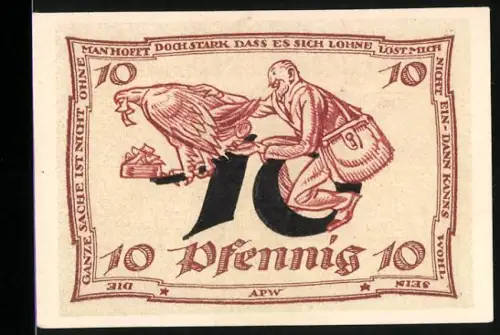 Notgeld Arnstadt 1921, 10 Pfennig, Mann mit Adler und Wappenmotiven