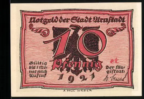 Notgeld Arnstadt 1921, 10 Pfennig, Adler und tanzende Männer