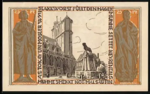 Notgeld Braunschweig 1921, 25 Pf, Kirche, Löwenstatue und springendes Pferd