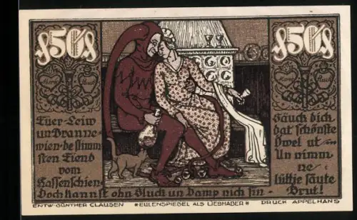 Notgeld Braunschweig 1921, 50 Pfennig, Eulenspiegel als Liebhaber, Pferdemotiv