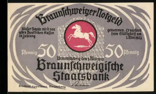 Notgeld Braunschweig 1921, 50 Pfennig, springendes Pferd und Altstadtmarkt-Szene mit Figuren