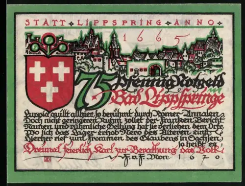 Notgeld Lippspringe 1921, 75 Pfennig, Ortsansicht und historische Szene mit König und Figuren