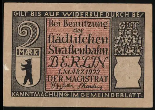 Notgeld Berlin 1922, 2 Mark, Berliner Bär und erste elektrische Eisenbahn 1869