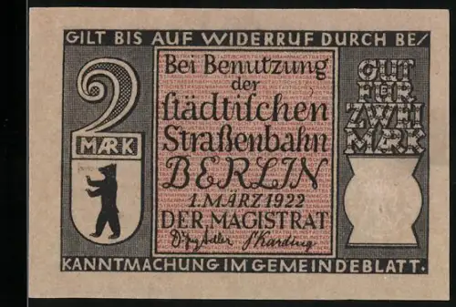 Notgeld Berlin 1922, 2 Mark, Stadtbahn und erste Benzindroschke 1899