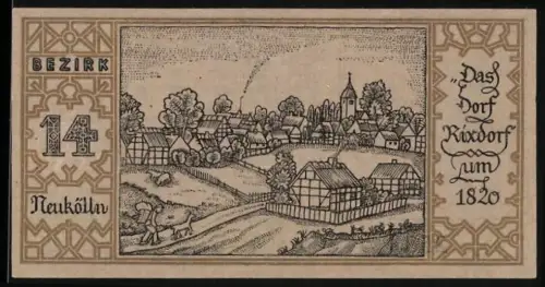 Notgeld Neukölln 1921, 50 Pfennig, Dorfszene von Rixdorf um 1820 und Berliner Bär