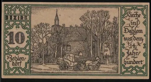Notgeld Zehlendorf 1921, 50 Pfennig, Kirche und Kutsche vor Dahlem im 14. Jahrhundert